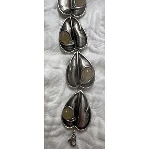 Vtg Handmade UNUSUAL LEAF LINK‎ STERLING SILVER Stone Bracelet 7.5", 29 Grams